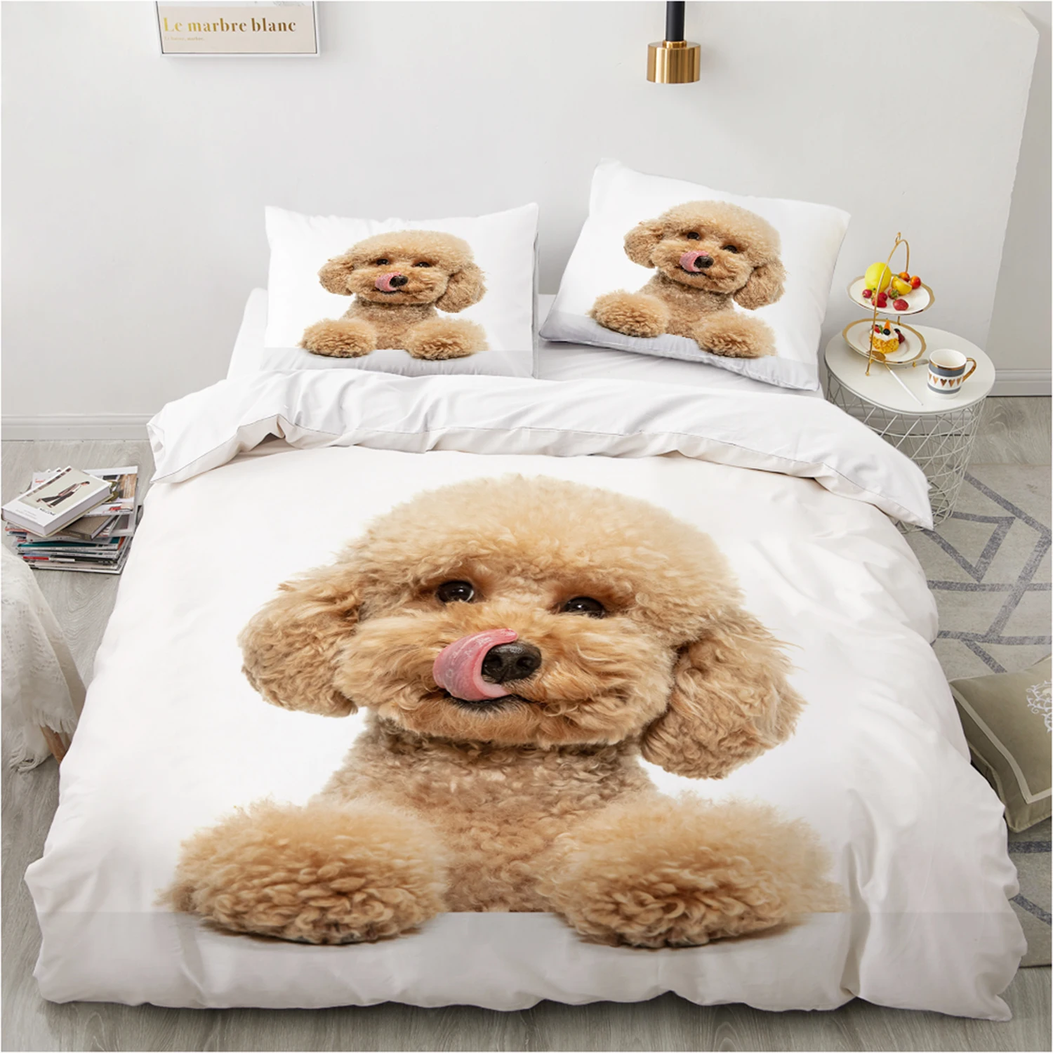 

Luxury Bedding Set, Cute Dog Teddy Printed Duvet Cover Bed Linen, Twin/Full/Queen/King Size 140x200 200x200 240x200cm White