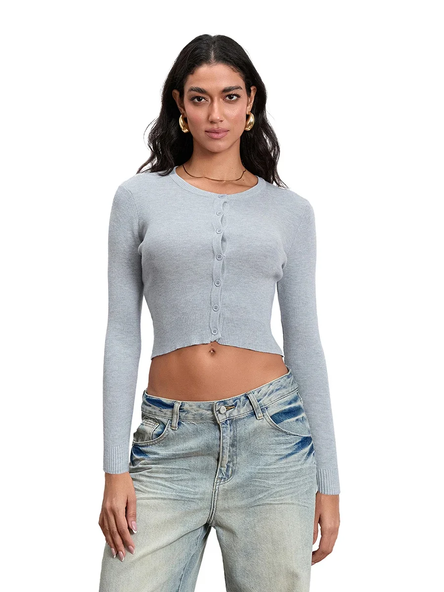 

Женский свитер с пуговицами спереди Y2k, элегантный вязаный Укороченный кардиган, повседневный однотонный мягкий свитер с длинным рукавом и круглым вырезом, пальто