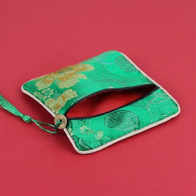Vintage Embroidered Chinese Brocade Storage Bag Square Tassel Zipper Durable for Home Desktop Cosmetic Jewelry Organization