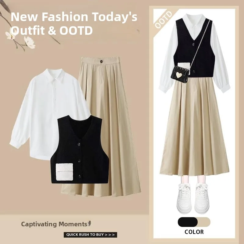 

Early Spring Loose College Style Women's Shirt Vest Slimming High Waist Skirt Two-Piece Set Age-Defying Fashion Ensemble