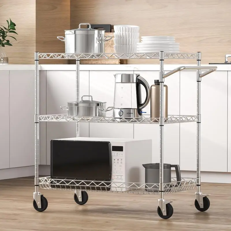Chariot de cuisine, chariot de laboratoire à 3 niveaux avec une capacité de 300 kg, chariot de service chromé, chariot de nettoyage, chariot de transport, chariot de rangement avec panier encastré et 6 crochets, pour une utilisation intérieure et extérieure.