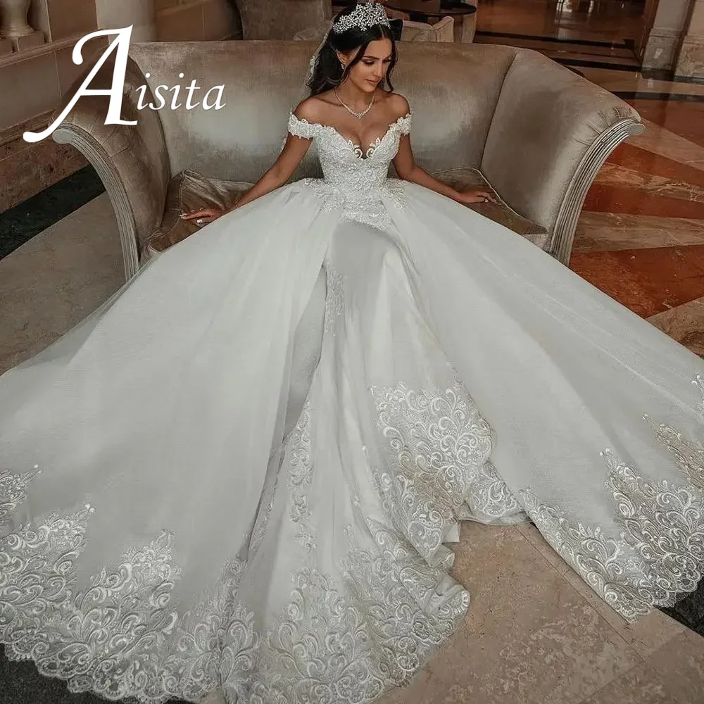 

Vintage Mermaid Tulle Wedding Dresses Sweetheart Off The Shoulder Lace Appliqued Bridal Gowns Over skirt Vestido de novia