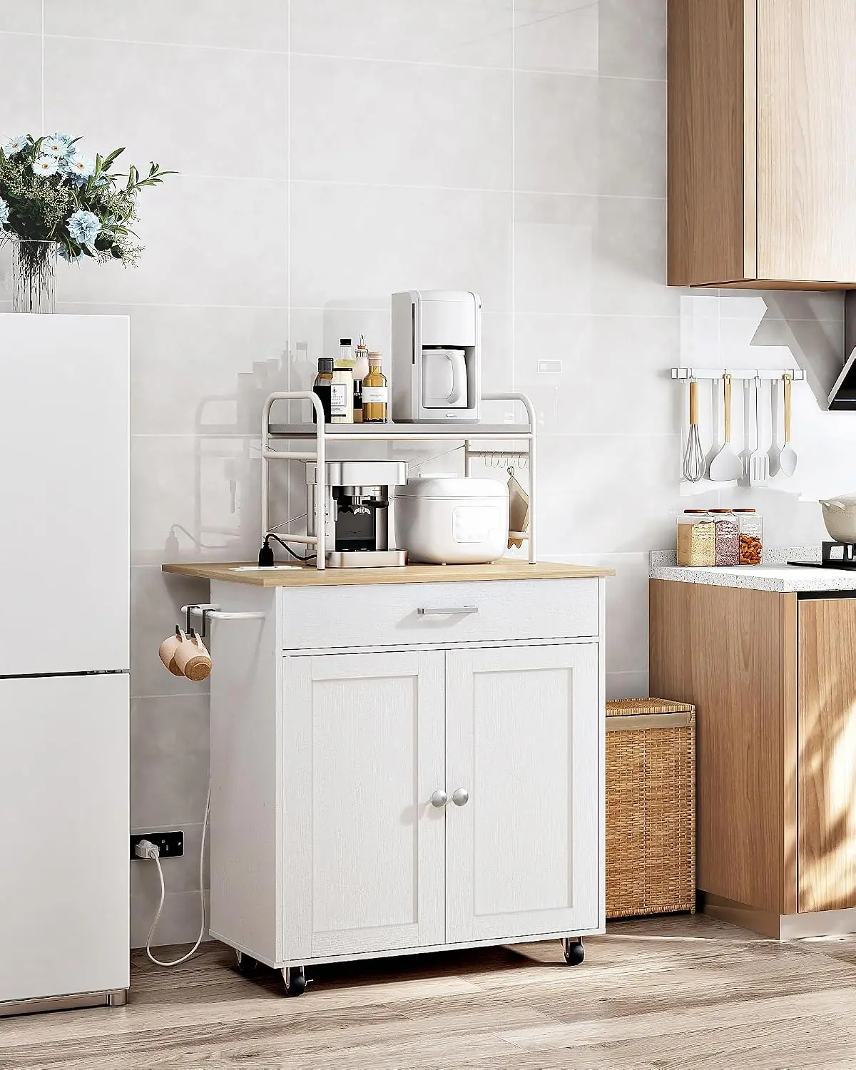 Kitchen Island, Kitchen Island Cart with One Double Cabinet and Drawer, Rolling Storage Cart with Power Strip, with Drop Leaf, f