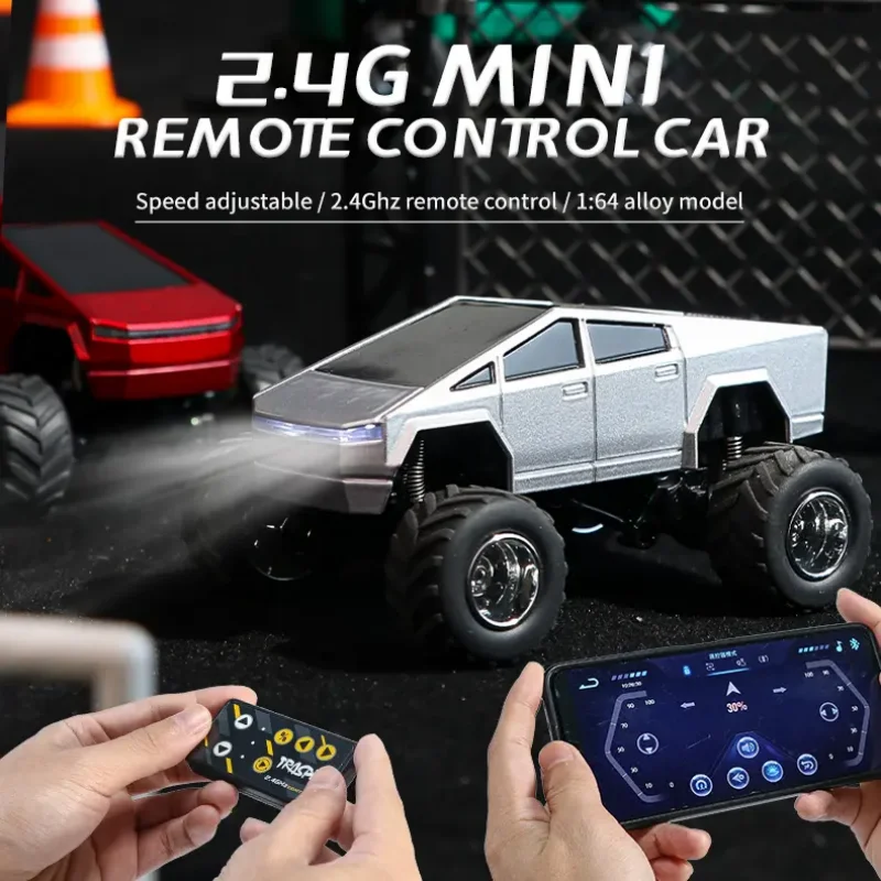 Hotfree 1/64 Mini RC Monster Cybertruck, All-Terrain Metal Off-Road Pickup with Trailer, 2.4GHz Remote & App Control, USB-C Rechargeable, Big Wheel Racing Toy, Perfect Birthday Christmas Gift for Kids, Boys & Collectors
