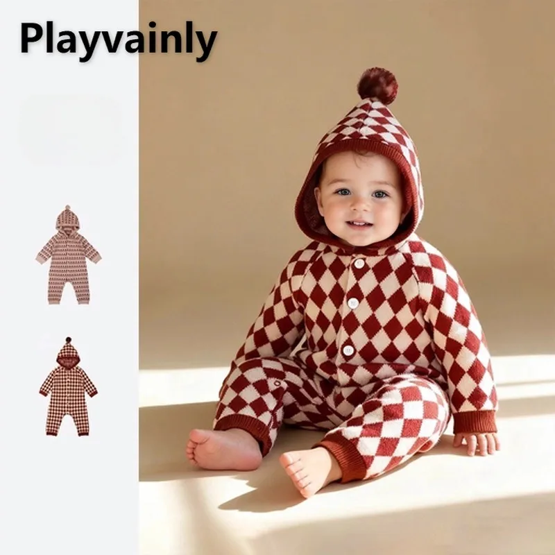 

Новый осенне-зимний комбинезон в клетку для младенцев, розовый, красный, с сердечком, однобортный комбинезон с капюшоном, детский рождественский праздничный костюм A53200