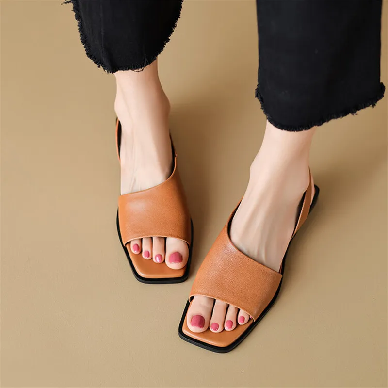 2023 New Fashion Summer Sandals Square Toe Roman Sandals Chunky Heels Shoes for Women Handmade Flat Shoes Concise Women Sandals