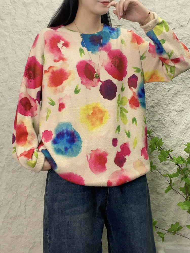 Amax luluE 2025 سترات نسائية شتوية مطبوعة فضفاضة دافئة سترات نسائية فاخرة كبيرة الحجم برقبة دائرية ملابس تريكو غير رسمية