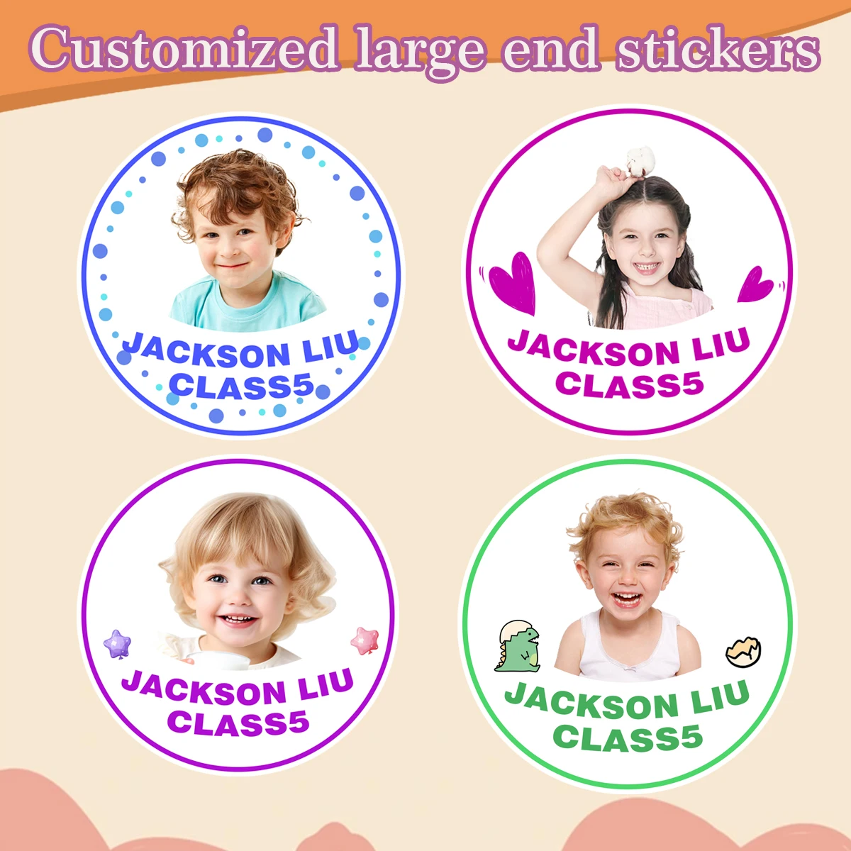 Kids Campus Name Stickers, Kindergarten Kids school Name Tags, Waterproof Round Photo Stickers, Water Bottle Stationery label