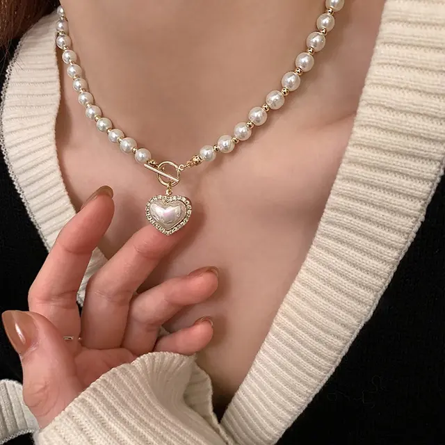 Elegancka perła naszyjnik dla kobiet serce wisiorek naszyjniki naszyjniki luksusowy imitacje pereł łańcuszek koreańska biżuteria dziewczyny prezenty
