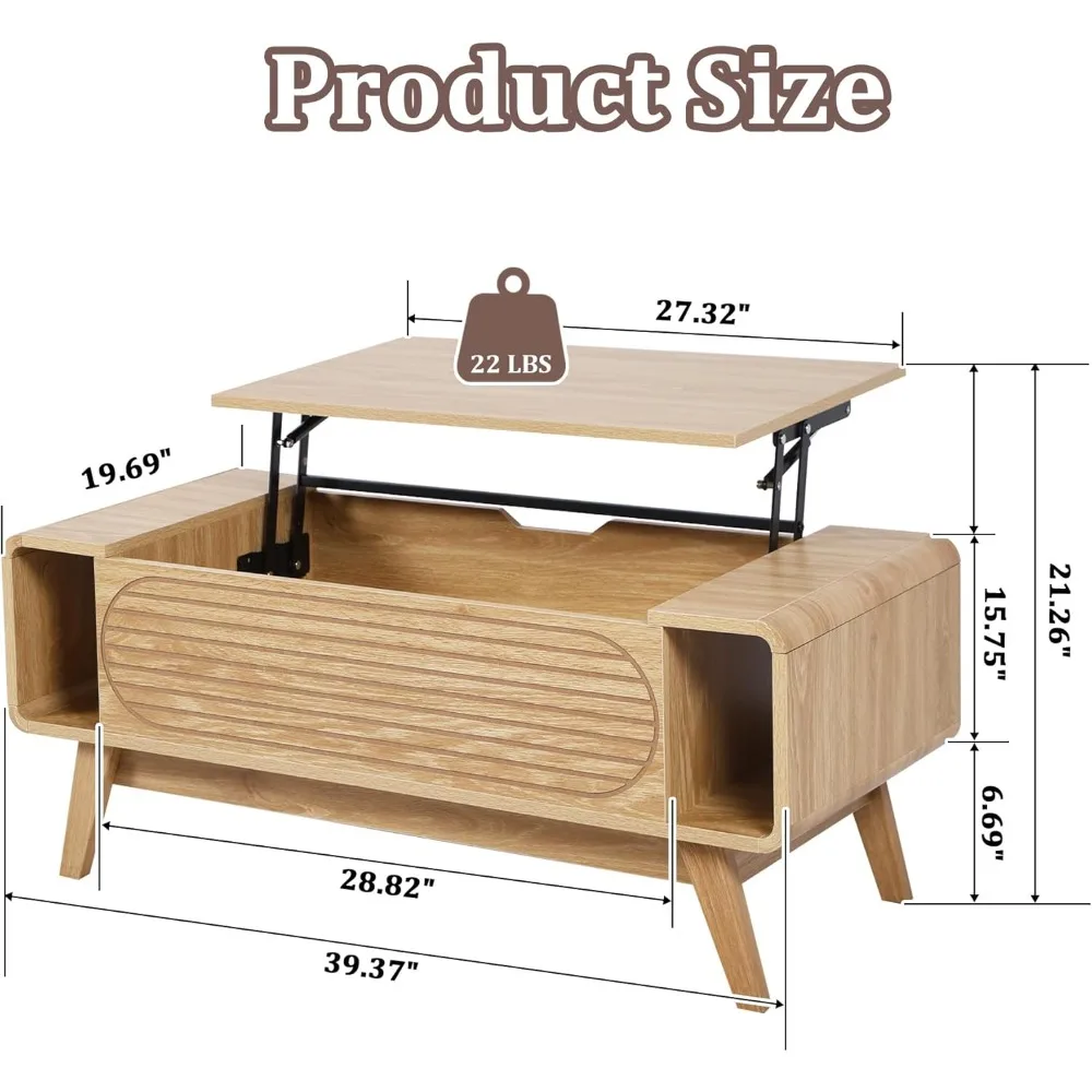 Small Lift Top Coffee Table with Hidden Compartment, Mid Century Modern Curved Coffee Table with Storage Shelf, Wooden Rectangle