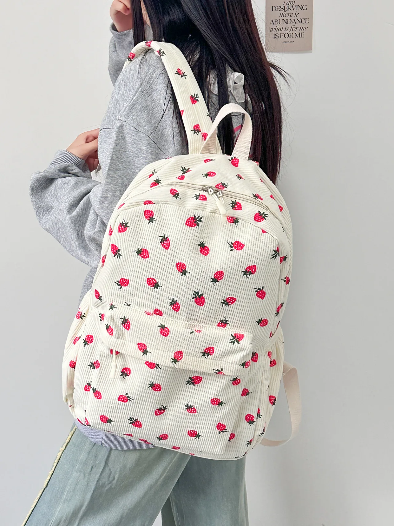 with Strawberry Pattern, Soft Striped Corduroy Daypack, Casual School Bookbag for Girls Travel Campus Daily Use