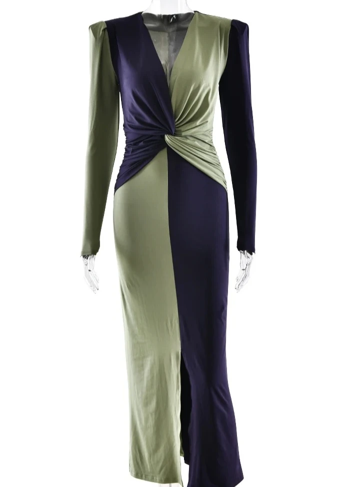 Vestidos femininos com decote em V manga comprida patchwork bodycon vestido maxi com fenda frontal e bloqueio de cores