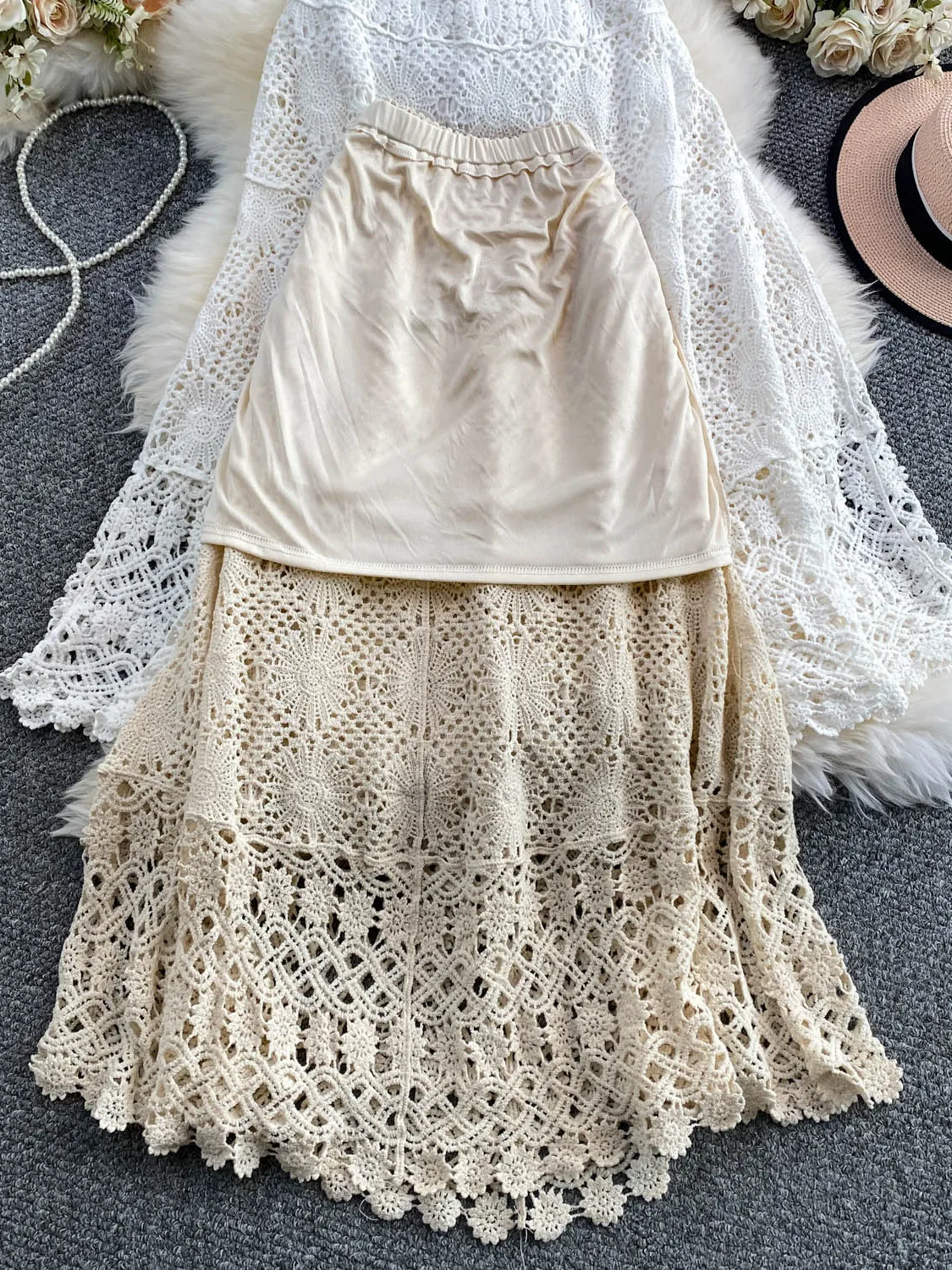Bohemian Style Sweet Lace Knitted Half Skirt Women's Summer High Waist Loose Slimming Holiday Long Skirt City Commute A-Line ...