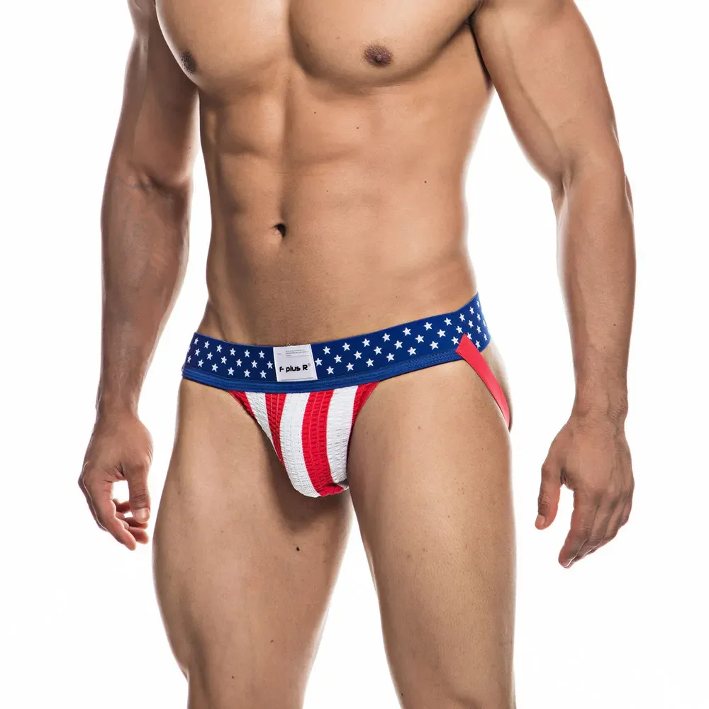 Men\'s Jockstrap Athletic Supporters Underwear, Sexy USA Flag Gym Workout Breathable Performance Jock Strap G String Thong Gay