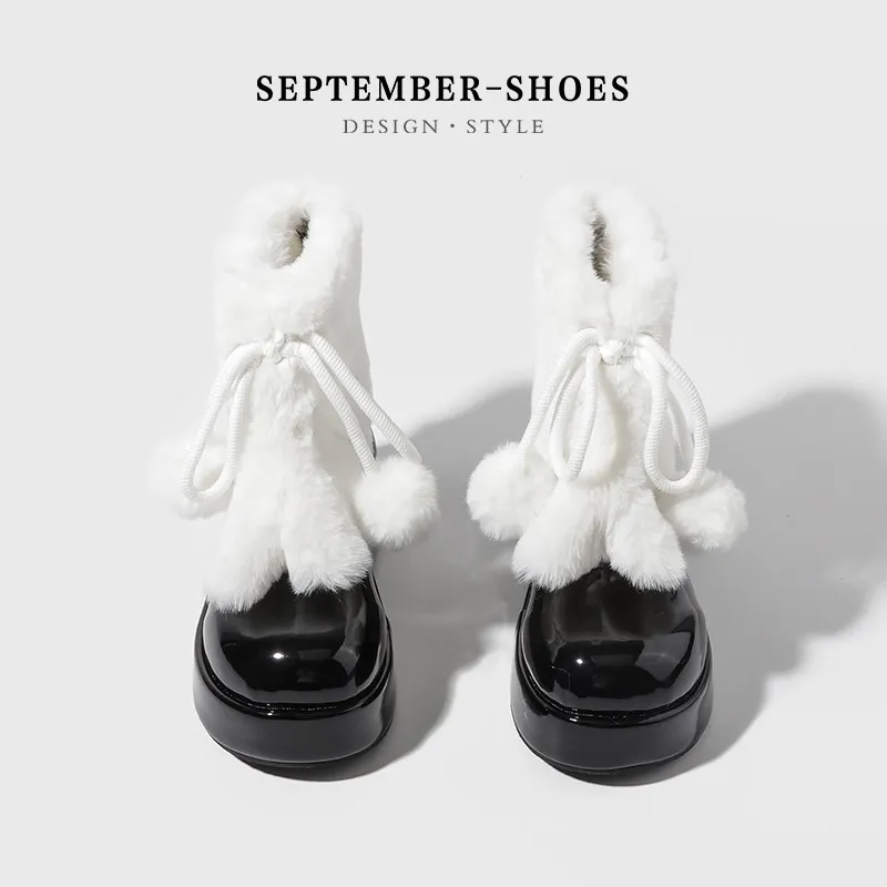 Lolita Women Platform Snow Boots Faux Fur Turn‑over Cuff Bow Pom‑pom Decor Warm Plush Thick Sole Gothic Ankle Short Boots