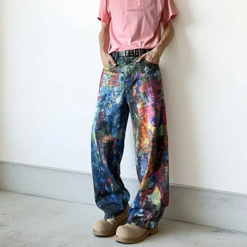 

Fashion Autumn Loose Wide Leg Denim Pants Men's Casual Print Design Trendy Graffiti Loose Trousers Individuality Vintage Jeans
