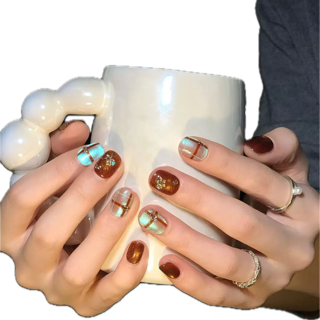 

10pc Handmade Press on Nails Caramel Cat's Eye Zirconia Diamond Contrast Check Pattern False Nail for Women&Girl Removable Nail