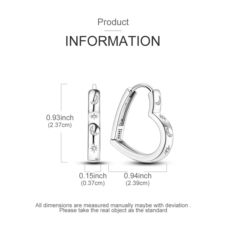 Herzförmige Ohrringe aus 925er-Sterlingsilber für Damen, Zirkonium, Stern und Mond, Creolen für Jahrestag, Hochzeit, Schmuck, Geschenke – Detail 5