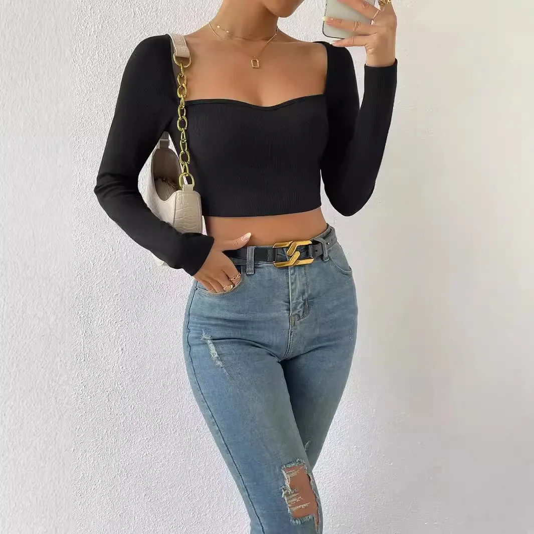 ผู้หญิงถักหน้าอกต่ําPullovers Crop Pulloversเสื้อกันหนาวผอมเซ็กซี่Slimสแควร์คอเสื้อถักแขนยาวจัมเปอร์Top