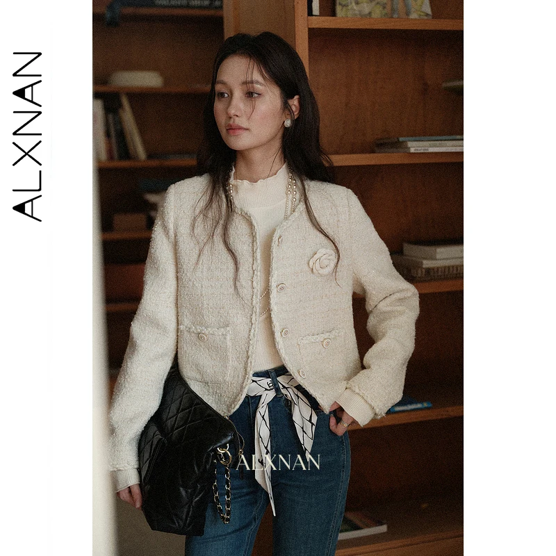 

ALXNAN Short Jacket Women Straight Fashion Elegant Long Sleeve Coat 2025 Autumn 3D Rose Flower Decoration Female Jackets L57560