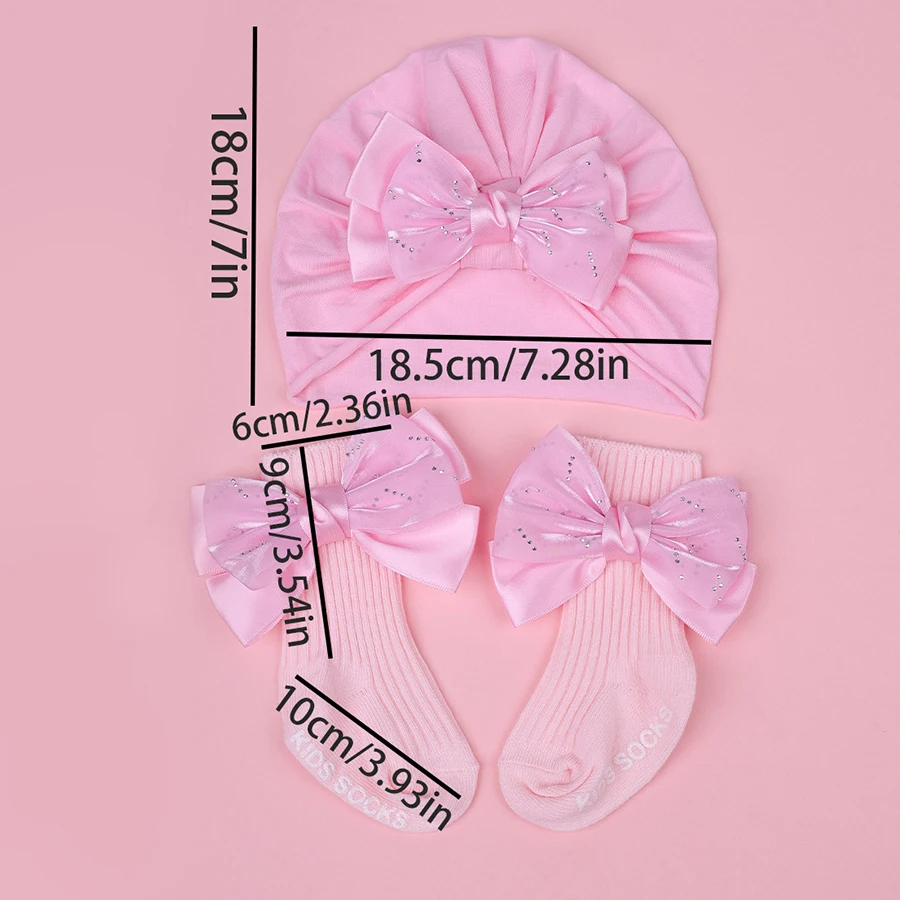 2PCS/Set Bow Baby Turban Cap Socks Korean Solid Color Newborn Boy Girl Headscarf Hats Soft Cotton Infant Bowknot Mid Tube Socks