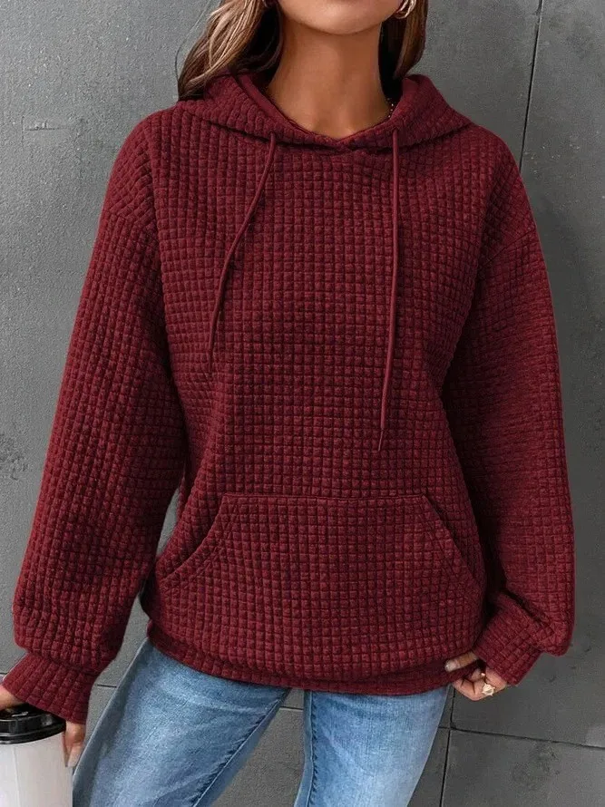 Women's Thick Waffle Knit Crew Neck Sweatshirt with Pocket – Solid Color Hip Length Winter Hoodie for Women's Winter Clothing