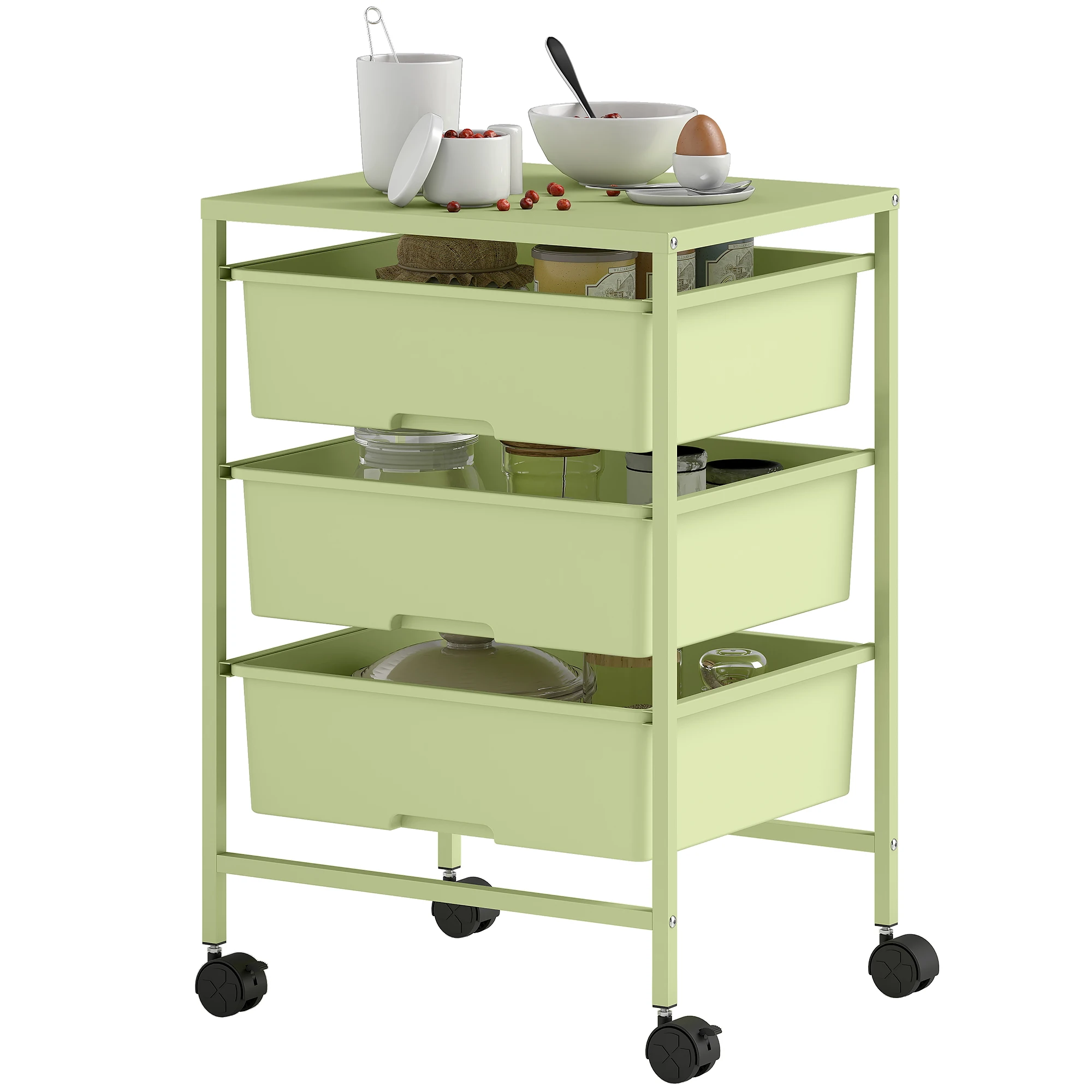 HOMCOM Carrito de Almacenamiento de 4 Niveles, Carrito de Cocina con Ruedas, 3 Cestas, Tablero y Marco de Acero, para Salón, Baño, Oficina, 40,8x33,5x60,5 cm, Verde