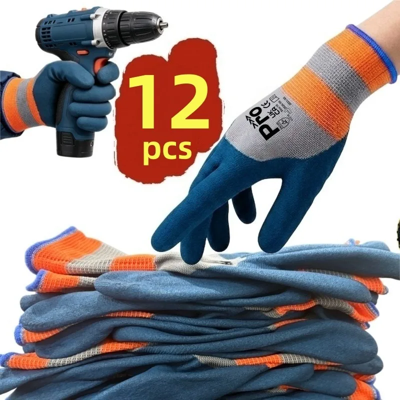 12PCS Heavy Duty Coated Work Gloves, Garden Auto Home, Soft Flexible Breathable Anti-Slip Safety Glove, Outdoor Cycling Camping