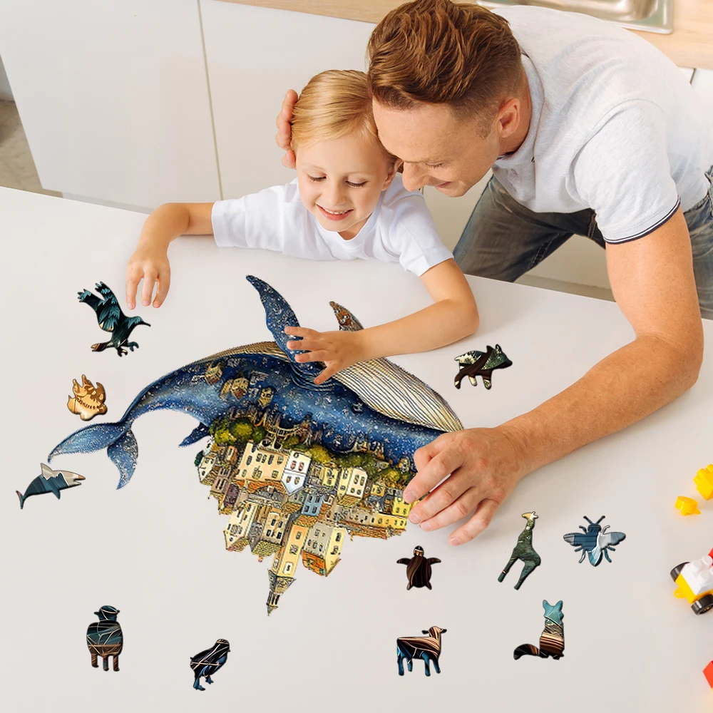 Artisan Whale Castle Wooden Puzzle – Handcrafted Animal Village, Intermediate Challenge & Marine Wall Art – Portable Family Game