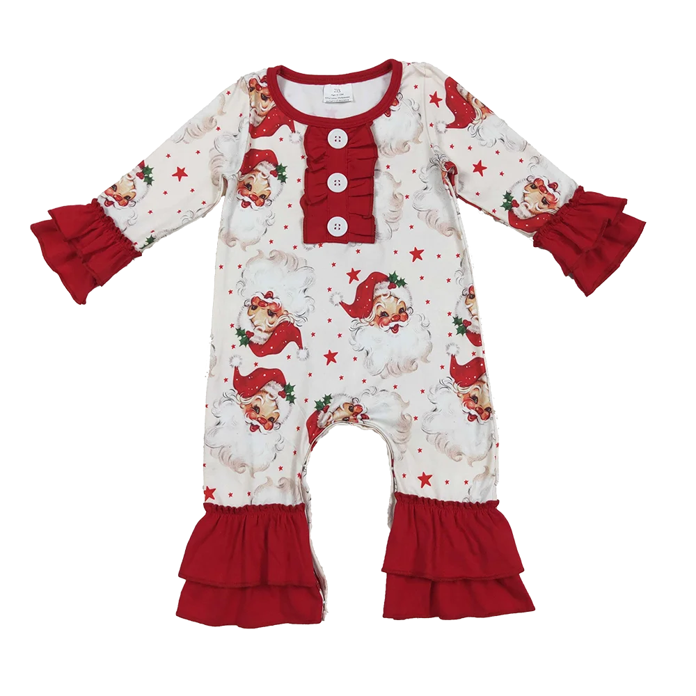 

9.17 Wholesale Autumn hot sale western boutique onesies Baby Girls Christmas Long Sleeves Santa Stars Button Ruffle Rompers