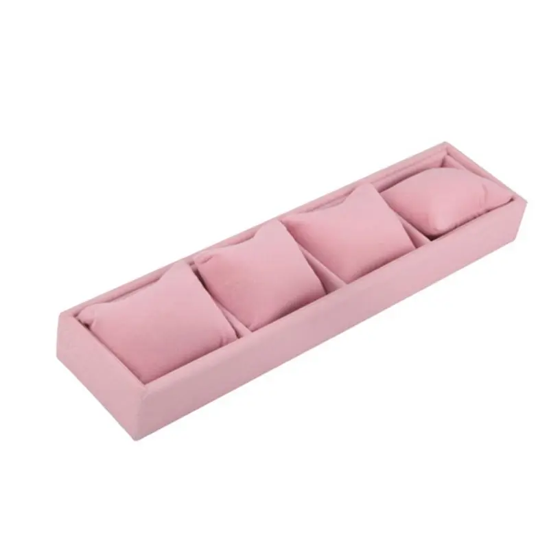 DT19 4 Grids Watch Jewelry Display Box with Pillow Tray, 34x8x3.5cm Pink Ice Velvet Bracelet Chain Storage Organizer Showcase