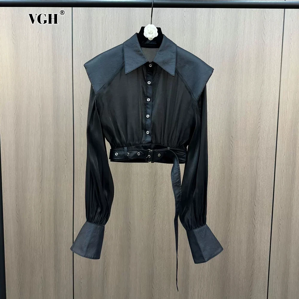 

VGH Sexy Spliced Sashes Tunic Blouse For Women Lapel Shoulder Pads Long Sleeve Patchwork Buttons Sheer Solid Chic Shirts Female