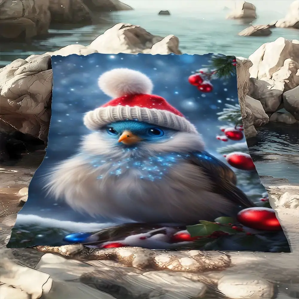 Charming Cute Fluffy Bird Winter Hat Throw Blanket - Cozy Polyester Soft Blanket Featuring a Whimsical Snowy Scene with Blue and - view 3