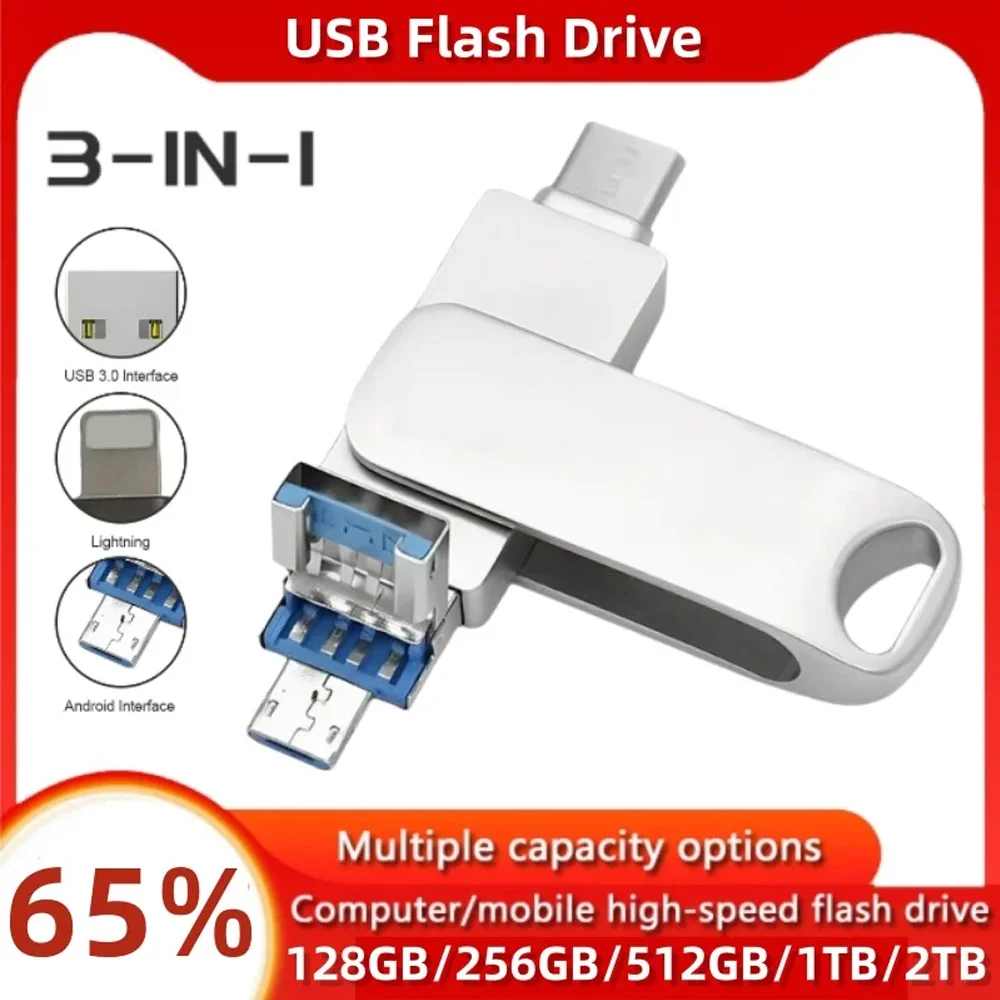 2TB USB 3.0 Flash Drive 1TB 3-In-1 Pendrive 512GB 256GB 128GB Type C Mini Memory Stick For IPhone 6/7/8//11/12/13 /14/ For Ipad