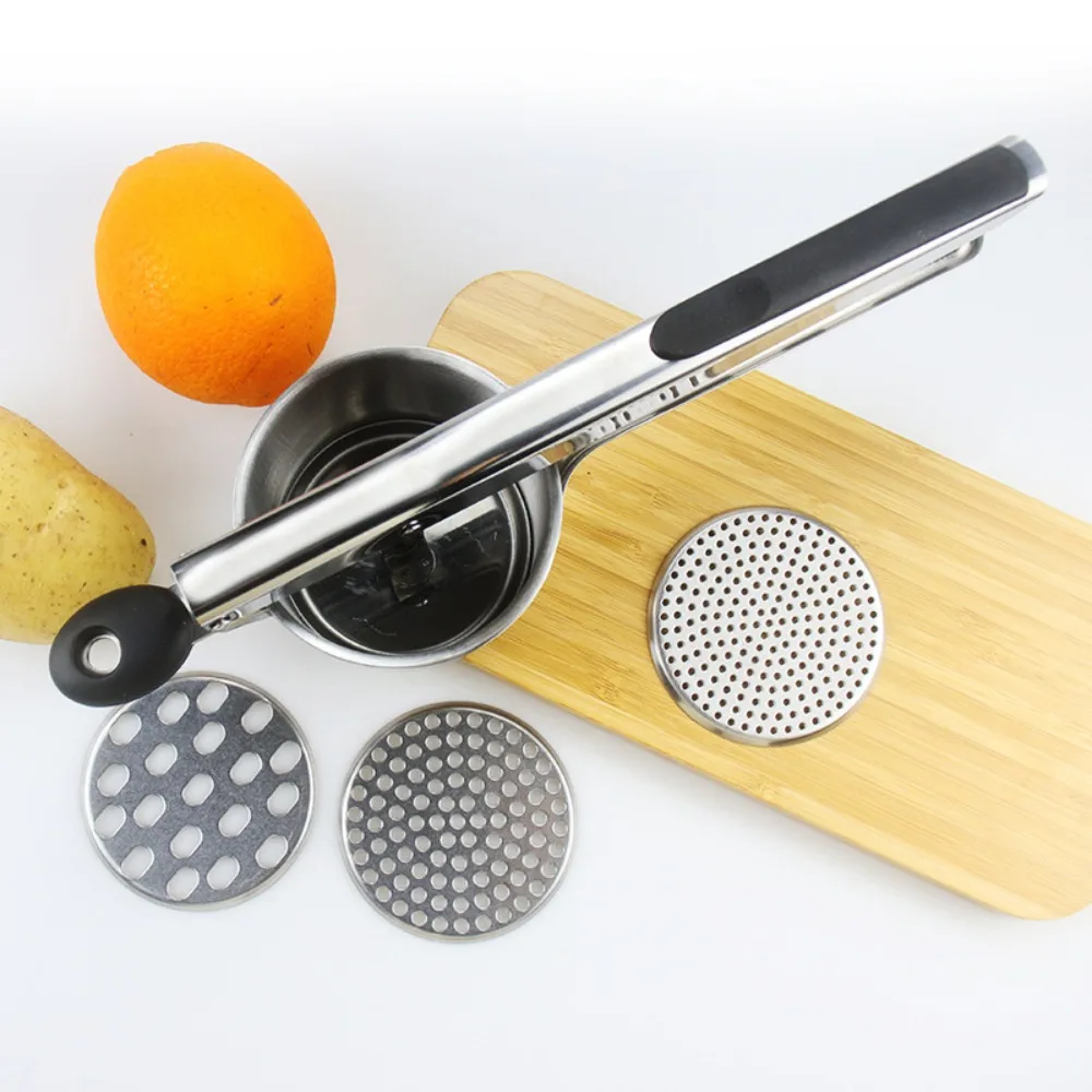 

Stainless Steel Potato Masher Hand Press Silicone Handle Potato Ricer Maker Manual with 3 Interchangeable Discs