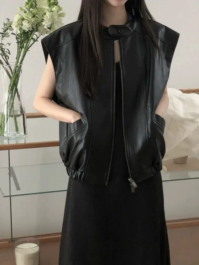 

Retro Chic Zipper round Ne Svel PU Leather Vest Women's Jaet Autumn Faion Trendy No Brand Registered Trademark