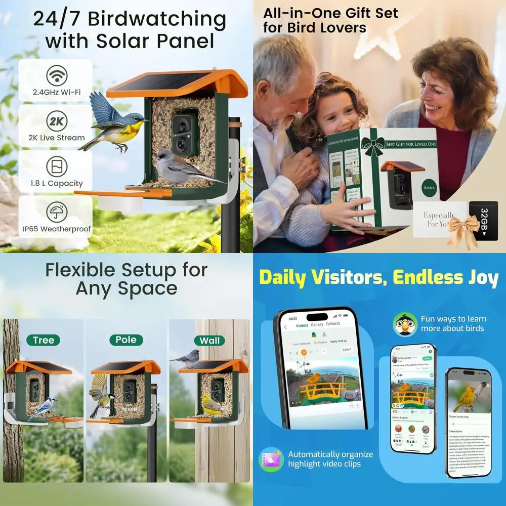وحدة تغذية الطيور الذكية مع كاميرا، تعمل بالطاقة الشمسية، تحديد الذكاء الاصطناعي المجاني لالتقاط الفيديو التلقائي ومغذيات الطيور الفيديو بدقة 2K للأماكن الخارجية مع S #1