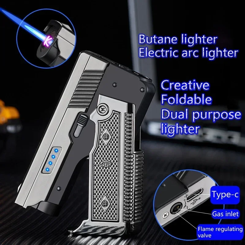 New Windproof Gas-Electric Plasma Type C USB Rechargable Lighter Gift Men Folding Gun Butane Torch Turbo Jet Flame Cigar Lighter