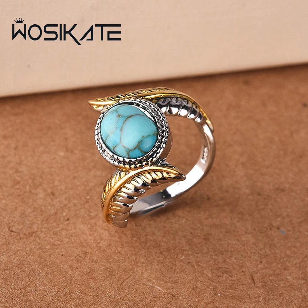 WOSIKATE Vintage Turquoise Feather Ring For Women 925 Sterling Silver Separate Color Gold Plated Party Ring Fashion Jewelry