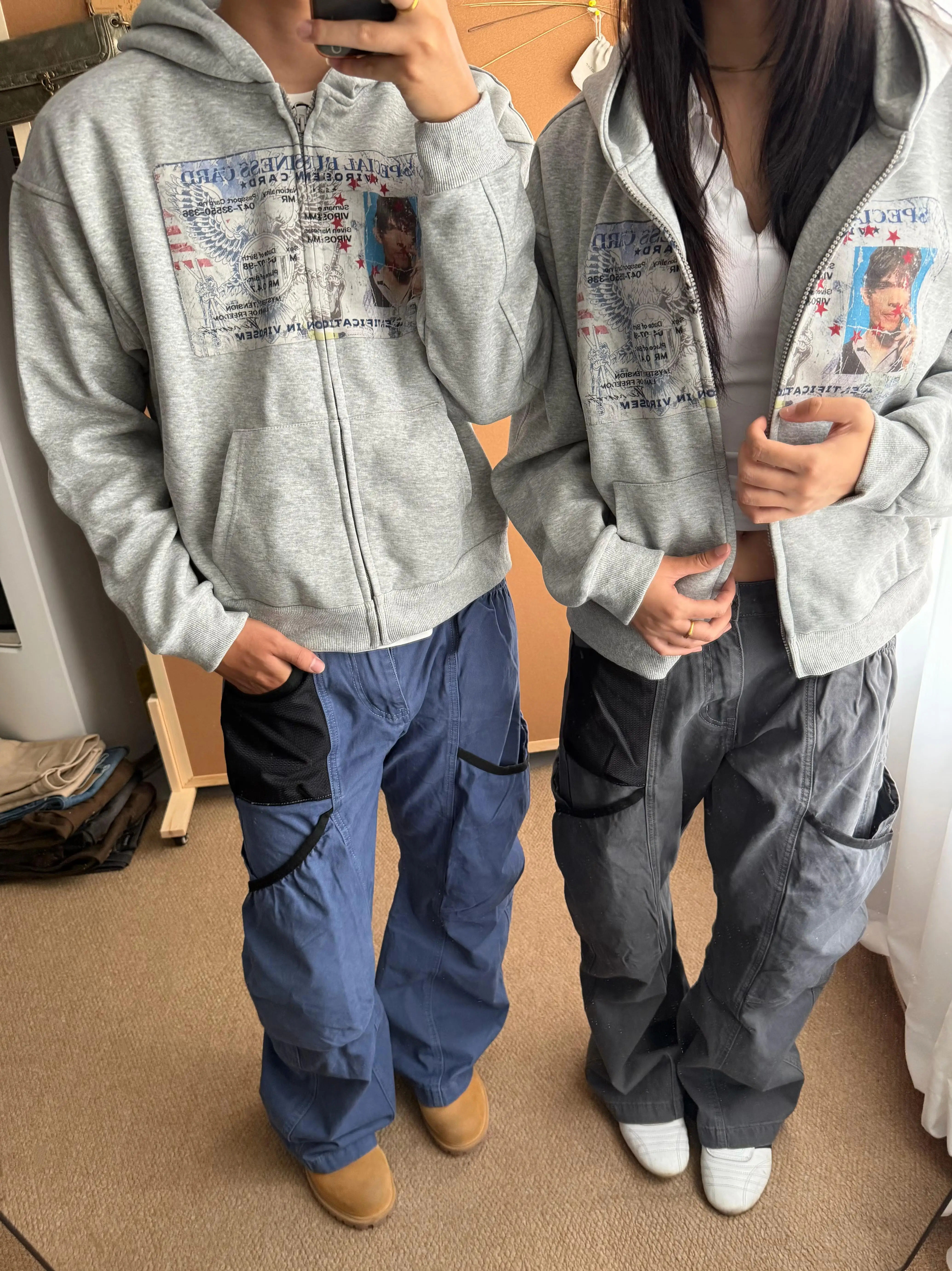 American High Street Men's Work Pants Multiple Pockets Dark Blue Wide Leg Plaid Design Summer Casual Loose Fit Jeans