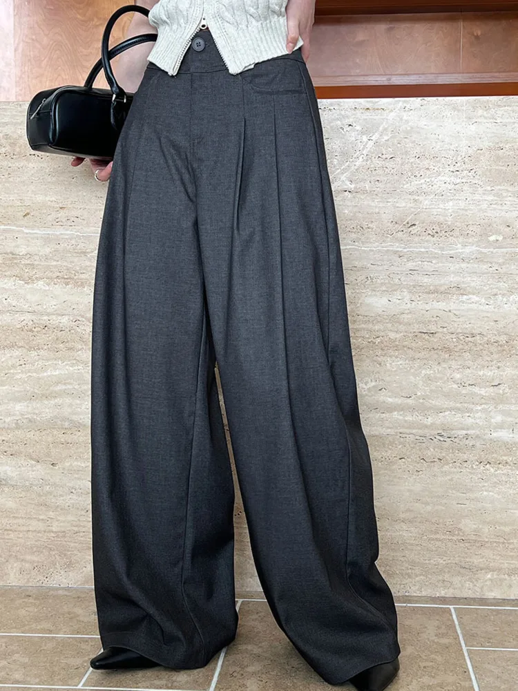 [LANMREM] Office Lady High Waist Pleasted Suits Pants For Women Straight Wide Leg Trousers Clothing 2025 Spring New 26D8923