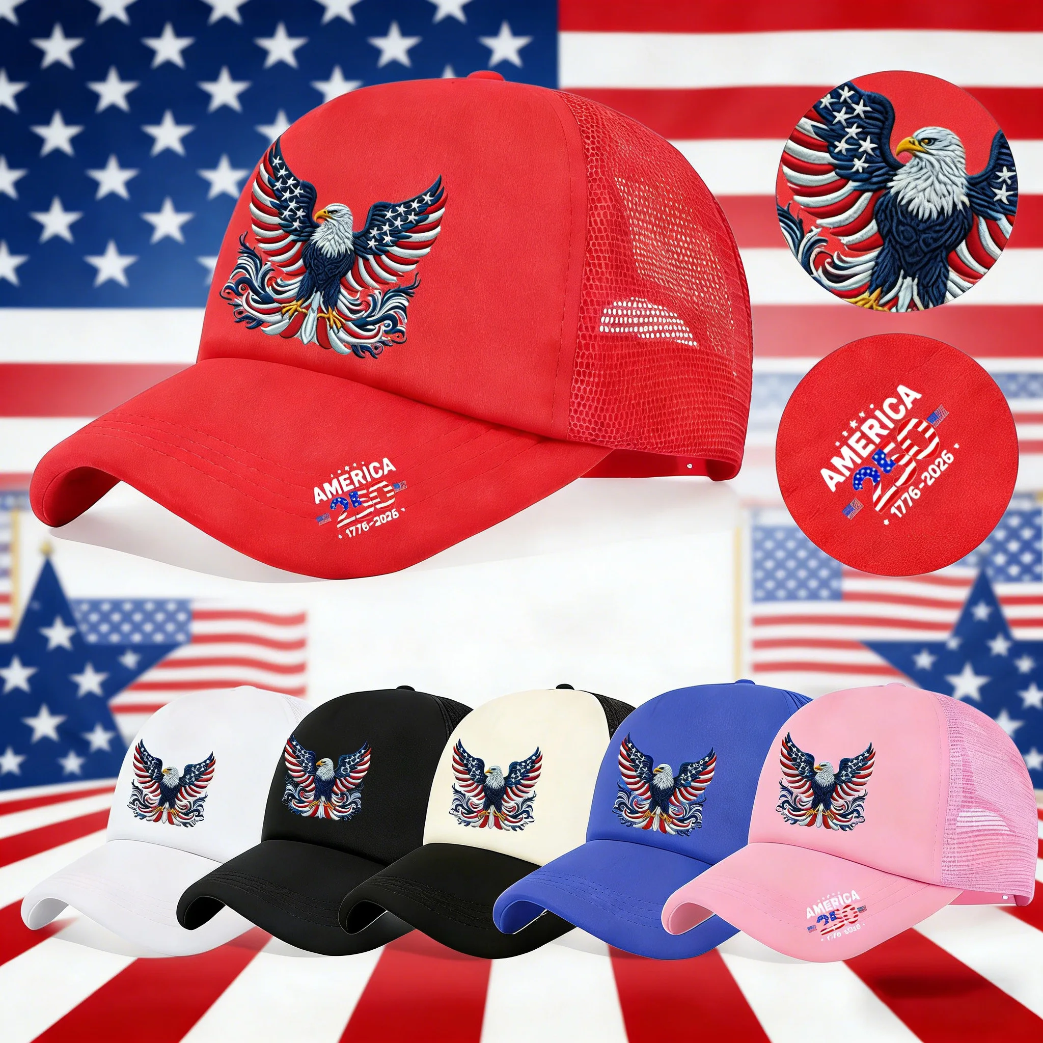 1PC Ornate 250th America Trucker Hat, Symmetric Eagle Print, Streetwear Cap for Patriotic Fans