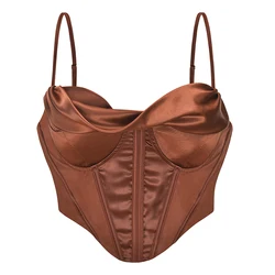 Brown Solid Satin Spaghetti Strap Zipper At Back Overbust Push Up Sexy Corset Lingerie Women Bustier Crop Top Gothic Clothing