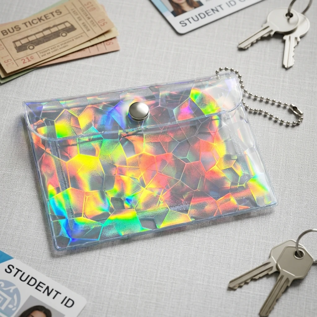 PVC Transparent Card Holder with Glitter Stars Snap Closure for Campus Daily Use Cute Key Coin Cards Storage Bag