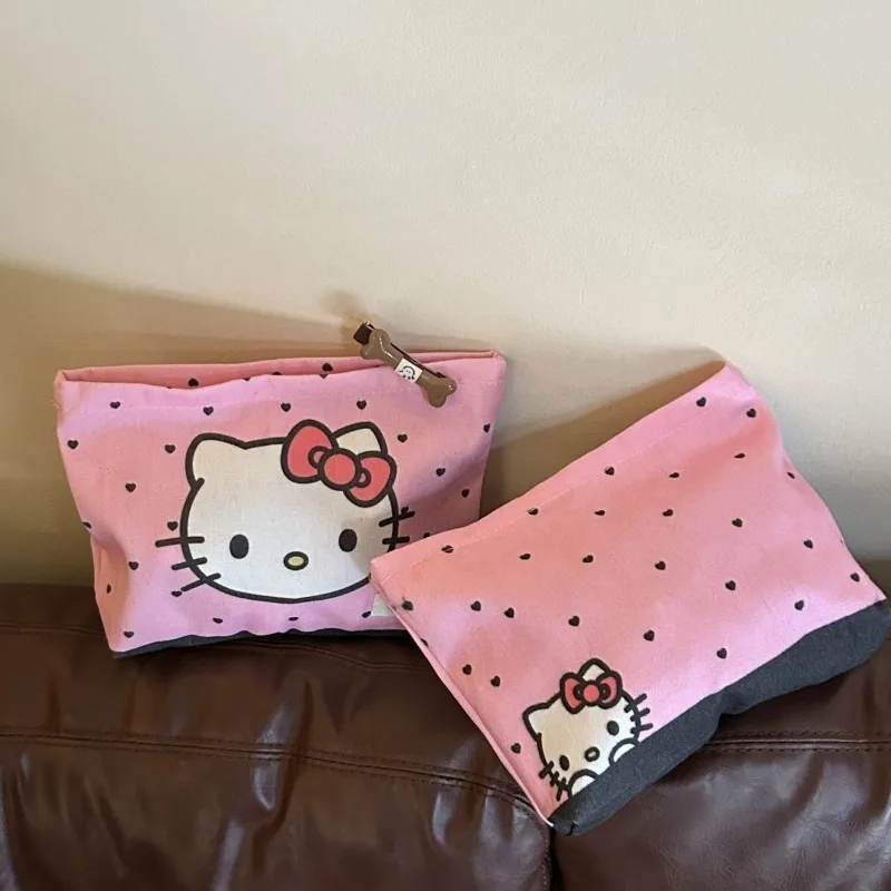 Kawaii sanrio olá kitty dos desenhos animados portátil grande capacidade bonito lona saco de maquiagem saco de armazenamento viagem fone de ouvido bolsa moeda