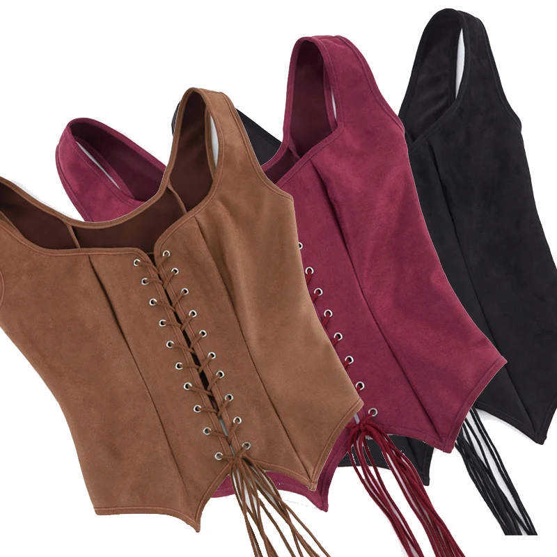 Vintage Brown Renaissance period Corset Vest Top Women Front Lace Up Bustier Tank Top Steampunk Gothic Girls Pirate Costume