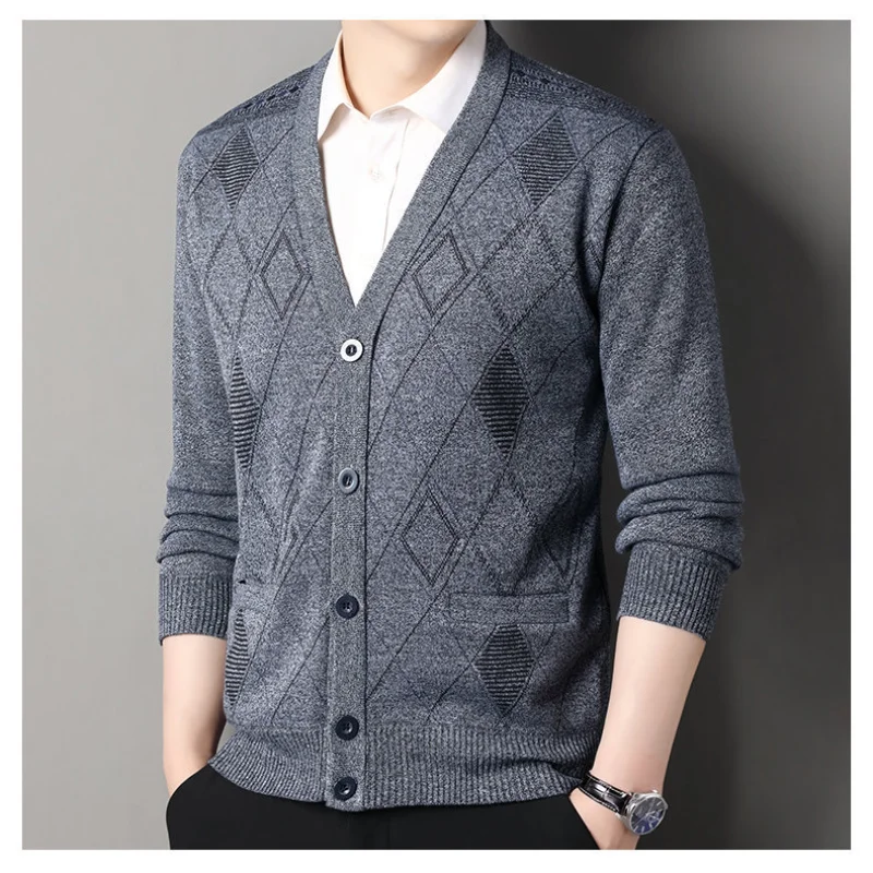 

Men's Fashion Casual V Neck Sweater Coat Versatile Fleece Lined Loose Knit Plaid Cardigan Top Autumn Winter New Style