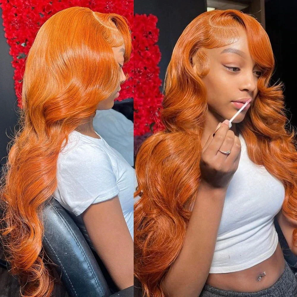 

Orange Ginger Body Wave 13x6 HD Transparent Lace Front Wig13x4 350 Human Hair Colored 40 inch Brazilian Hair For Women