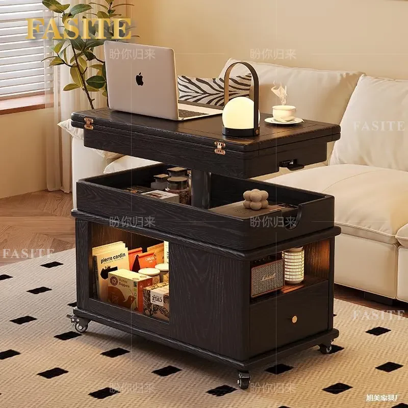 For Medieval Style Solid Wood Coffee Table Liftable Living Room Sofa Side Table Movable Folding Trolley Dual Purpose Dining