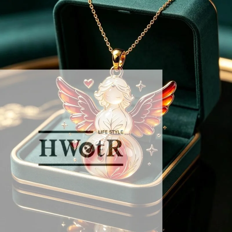 Ethnic Imitation Jade Pendant Fortune Gourd With Angel Wings Charm Unisex Jewelry For Holiday Travel Casual Wear